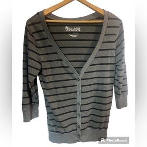 Splash black grey striped vneck button front lightweight Cardigan junior large